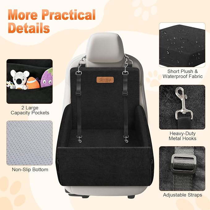 Elevated Dog Car Seat for Small and Medium Dogs Up to 35 lb | 4" High-Density Foam Dog Car Bed, 2 Storage Pockets,3 Safety Belts,Fully Removable and Washable for Easy Care,Black
