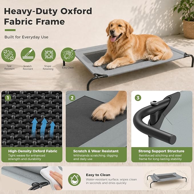 Outdoor Dogs Bed Elevated Dog Bed Large Cooling Raised Pet Cot Grey | Portable Raised Camping Dog Cot , Adjustable Headrest , Breathable Teslin Mesh,Indoor Pet Bed,42"x23.6"x6.3",Washable