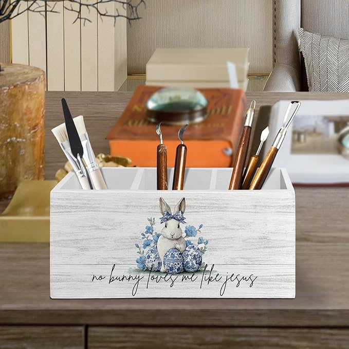 Easter Bunny Decor, Chinoiserie Christian Easter Bunny Pen Pencil Holder Organizer for Desk Accessories, Blue and White Floral Rabbit Wooden Box Sign Desk Decor for Home Office Decoration