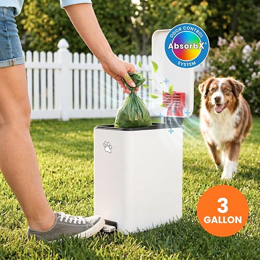 iTouchless 3 Gallon / 12 Liter Dog Poop Trash Can with AbsorbX Odor Filter - Outdoor Pet Waste Receptacle with Step Pedal - Soft Close Metal Garbage Bin for Yard, Patio, Bathroom, Matte White