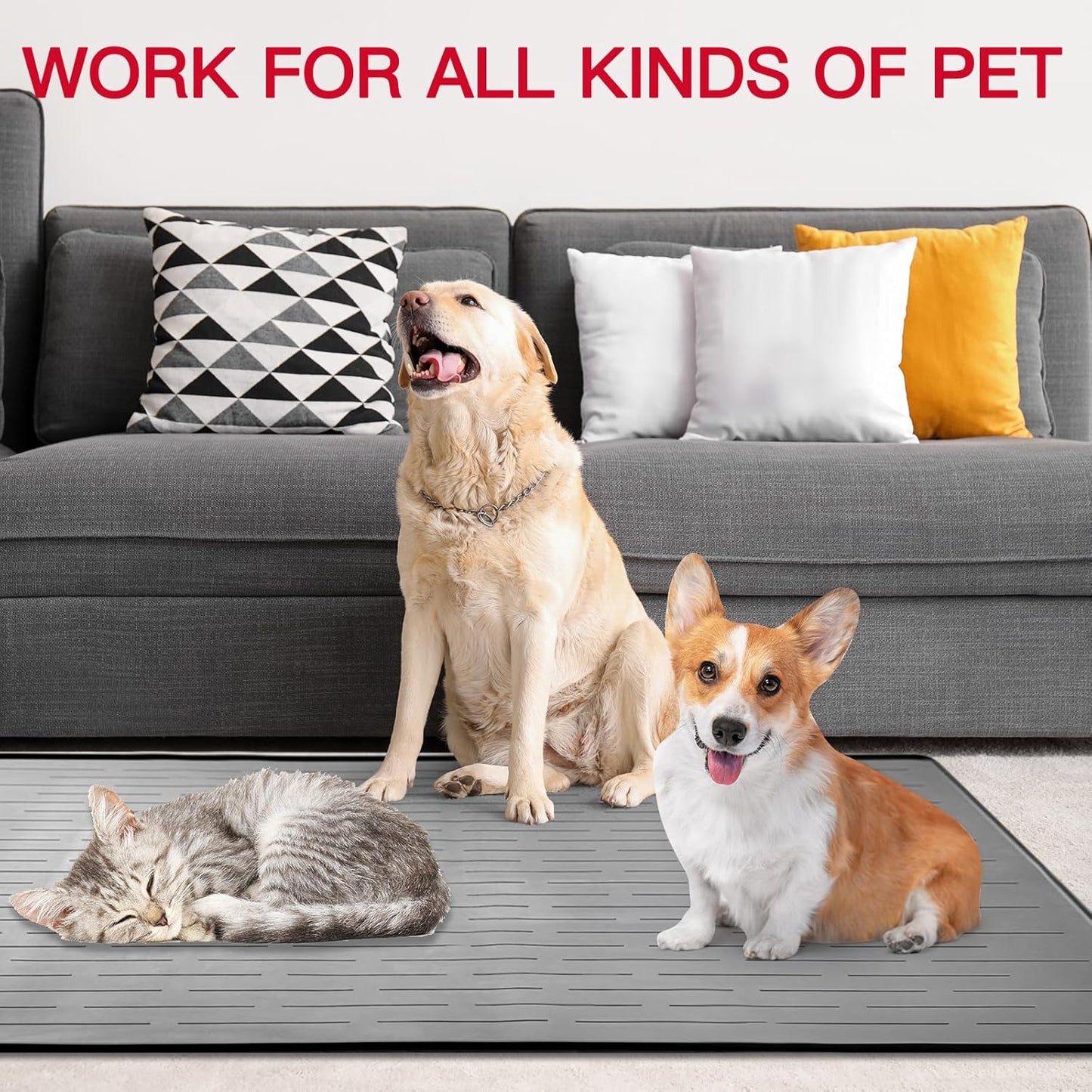 39.4"x29.5" Large Pet Food Mat, Silicone Dog Mats for Food and Water, Nonslip Pet Feeding Mats for Floors,Dog Cat Bowl Mat with Raised Edges, Light Gray