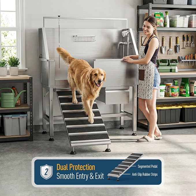 46" Dog Washing Station, Leak-Proof 304 Stainless Steel Dog Bathtub with Non-Slip Removable Left Stair & Storage Drawer, Elevated Pet Wash Station for Large Dogs, Indoor & Outdoor Use (Left Ramp)