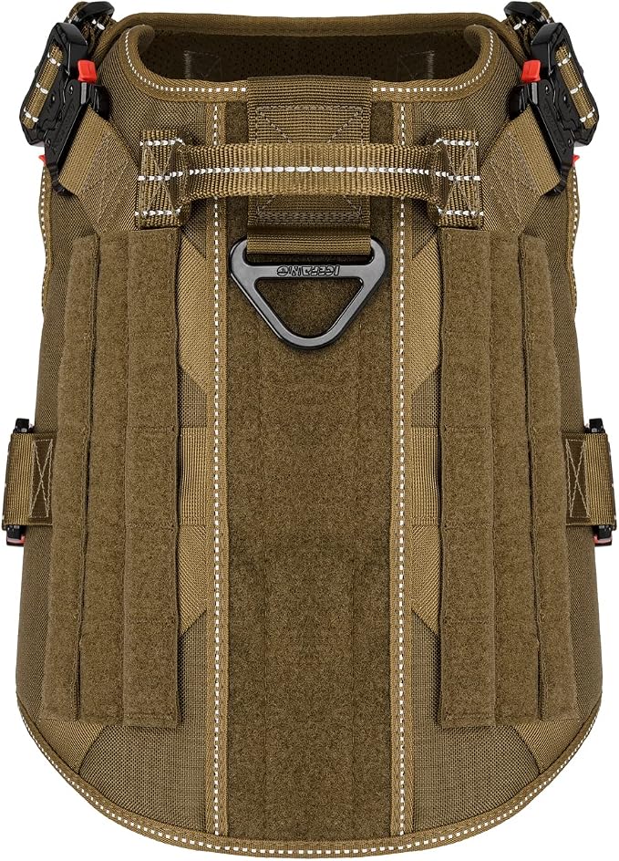 ICEFANG Tactical Dog Harness for X-Large Dogs,Full Metal Buckles Dog Vest | with MOLLE, Reflective,Adjustable,2 Leash Clips,Control Handle,No Pull,Soft Padded,Brown,X-Large