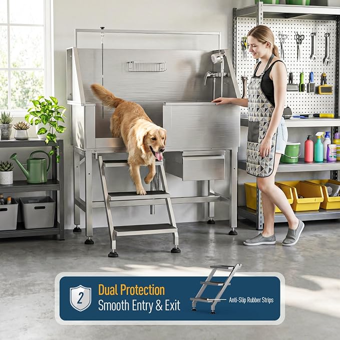 46" Dog Washing Station, 304 Stainless Steel, 440 lb, Side Step | hot cold faucet, fixed sprayer, shampoo dispenser, storage drawer, S-trap, hair filter, garage outdoor grooming