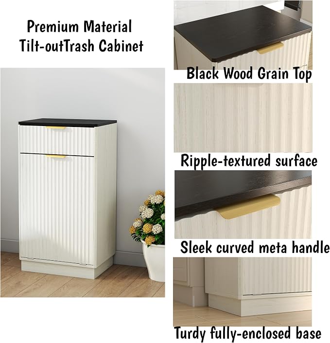 10-Gallon Single Tilt Out Trash Can Cabinet with Drawer,Kitchen Trash Can Cabinet Garbage Recycling Cabinet Wooden Dog-Proof Trash Cabinet for Dining Room and Kitchen,Laundry Room