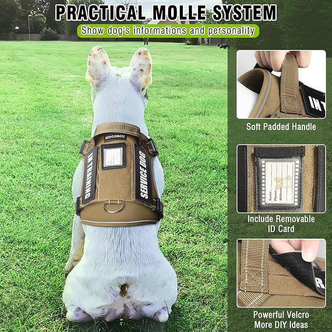 Tactical Dog Harness and Leash Set Medium Sized Dog+10 Dog Patches | Adjustable No Pull Service Animal Dog Vest with Dog Seat Belt,Padded Handles,Reflective Easy Walk for Training Hiking Brown M