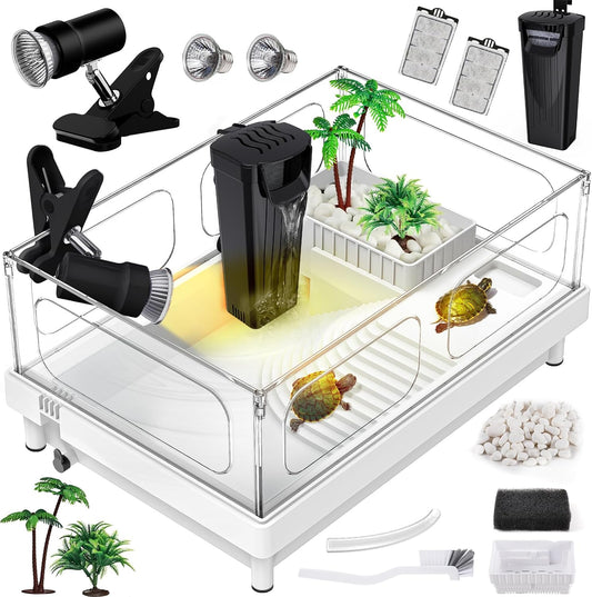 Small Turtle Tank Kit(Tank+Light+Filter), Acrylic Turtle Tank Starter Kit with Basking Platform, Bottom Drainage, Multi-Function Areas for Turtles, Crayfish, Small Reptiles.(White+Black)