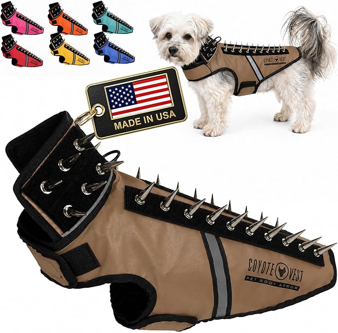 CoyoteVest SpikeVest Dog Harness, Made in the USA, S-Texas Tan | Stab-Resistant Protective Vest | Coyote Vest for Dogs | Defends Against Coyotes, Dogs, Birds of Prey | Reflective Safety