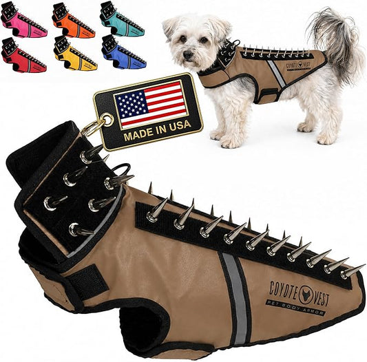 CoyoteVest SpikeVest Dog Harness, Made in the USA, S-Texas Tan | Stab-Resistant Protective Vest | Coyote Vest for Dogs | Defends Against Coyotes, Dogs, Birds of Prey | Reflective Safety