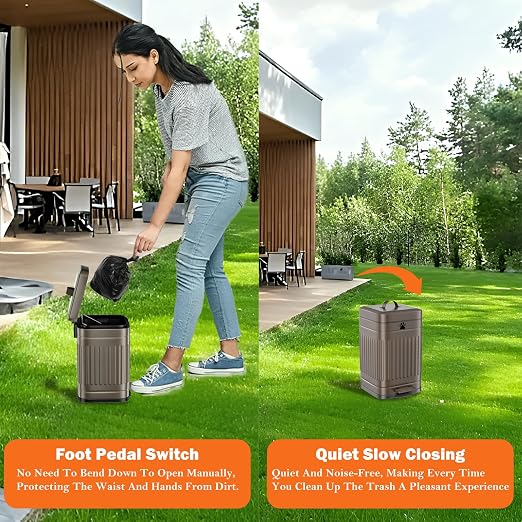 Dog Poop Trash Can Outside - 5L/1.3Gal Small Trash Can with Lid, Brown | Outdoor Dog Poop Trash Can with 40 Bags, Pedal, Removable Inner Bin, Metal Dog Waste Trash Can with Soft Close, Odor Control