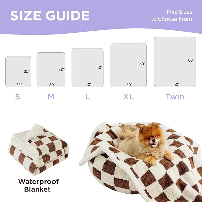 LE SURE Waterproof Blanket for Bed Cute Cozy 3D Jacquard, Twin（60x80） | Dog Blankets for Large Dogs, Pet Aesthetic Gift, Warm Soft Sherpa Throw, Reversible Couch Protector, Brown Checks