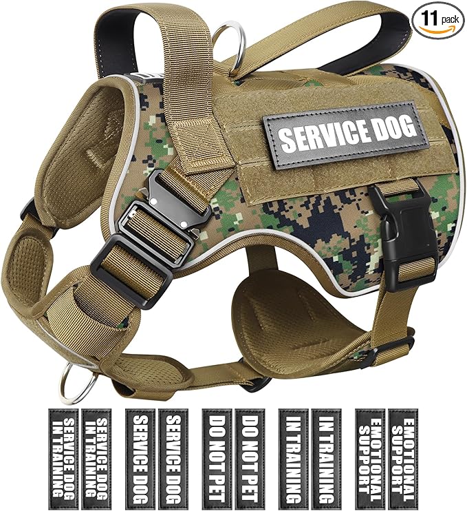 2X Metal Buckle Service Working MOLLE Dog Vest with 10 Pet Patches | Tactical Dog Harness for Medium Dog, No-pull Military Working Vest for Training Hunting Walking，2x D Rings for Leash Clip