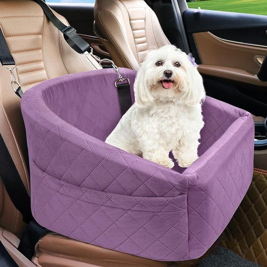 NEEZUKAR Dog Car Seat for Small Medium Dogs,Detachable Washable Dog Booster Seat Under 30lbs, Pet Car Seats Travel Bed with Storage Pockets and Safety Belt (Purple)