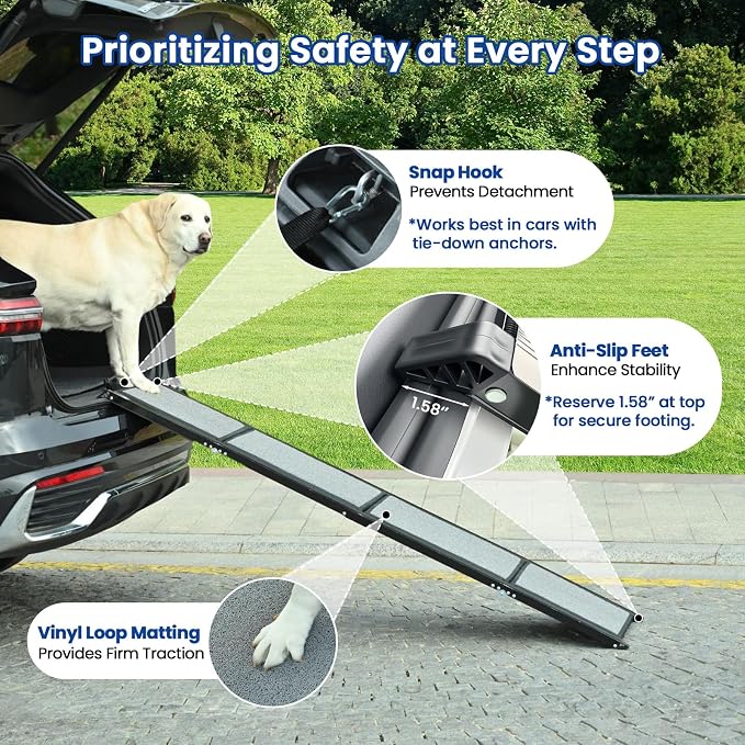 Dog Ramp for Car, Pawlify 71" x 17.3" Dog Ramps for Large Dogs with Anti-Pinch Handle and Anti-Slip Rug Surface, Folding Dog Ramp Up to 250LBS, Portable Dogs Car Ramp for SUV, Trucks