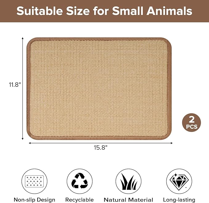 Rabbit Scratching Pad, 16 X 12 Inch Natural Sisal Bunny Scratching Pad Claws Mat, Natural Rabbit Foraging Mats for Cages, Indoor Bunny Toys Accessories for Sleeping Resting - 2pcs