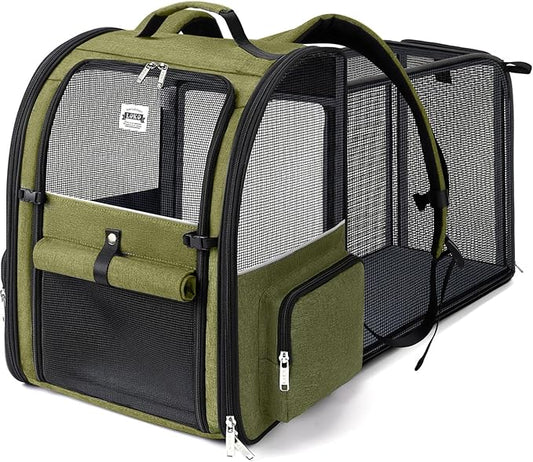 Large Cat Backpack Carrier Expandable Pet Carrier Backpack for Small Dogs Medium Cats Fit Up to 18 Lbs, Dog Backpack Carrier, Foldable Puppy Backpack Carrier for Travel, Hiking,Dark Green