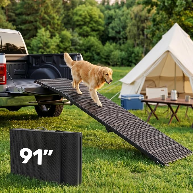 91" Extra Long Dog Ramp for Large Dogs, Heavy Duty Metal Frame Pet Ramp for High SUVs, Trucks and Cars, Portable Folding Travel Dog Ramps with Safety Latch, Supports up to 350lbs