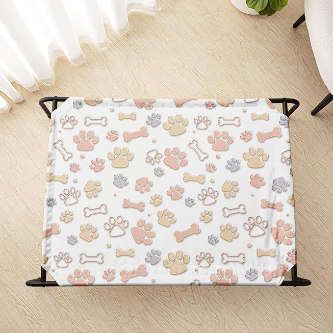 QOOMO Elevated Dog Bed with Cooling Fabric, Pet Cot for Small and Big Dogs, Indoor and Outdoor Use, Joint Relief, Cute Printed Cushion Included (Orange Paw Prints, 35.43" L*25.59" W*8.27" Th)