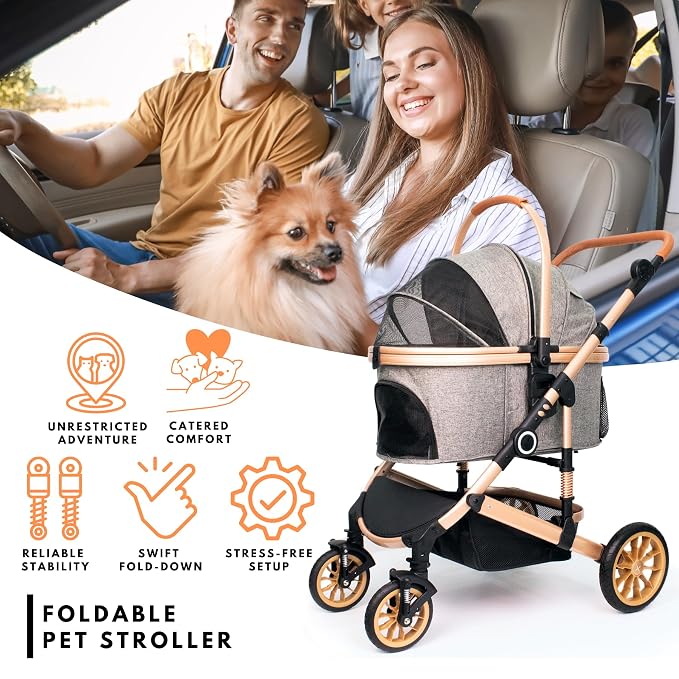 Bicystar Dog Stroller with Detachable Carrier, Rubber Wheels, 50 lbs, Grey | 3-in-1 stroller and car seat, real solid rubber wheels, fits 2 small or 1 medium pet, foldable frame