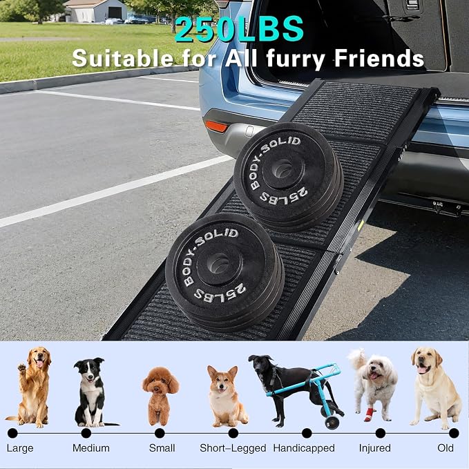 CypherX 71" Dog Ramp for Car SUV, Portable Folding Pet Ramp for Large Dogs | Gentle Incline Dog Car Ramp, Non-Slip Carpet Surface, Quad-Fold Ultra Portable Pet Stairs, Sturdy Aluminum Supports 250lbs