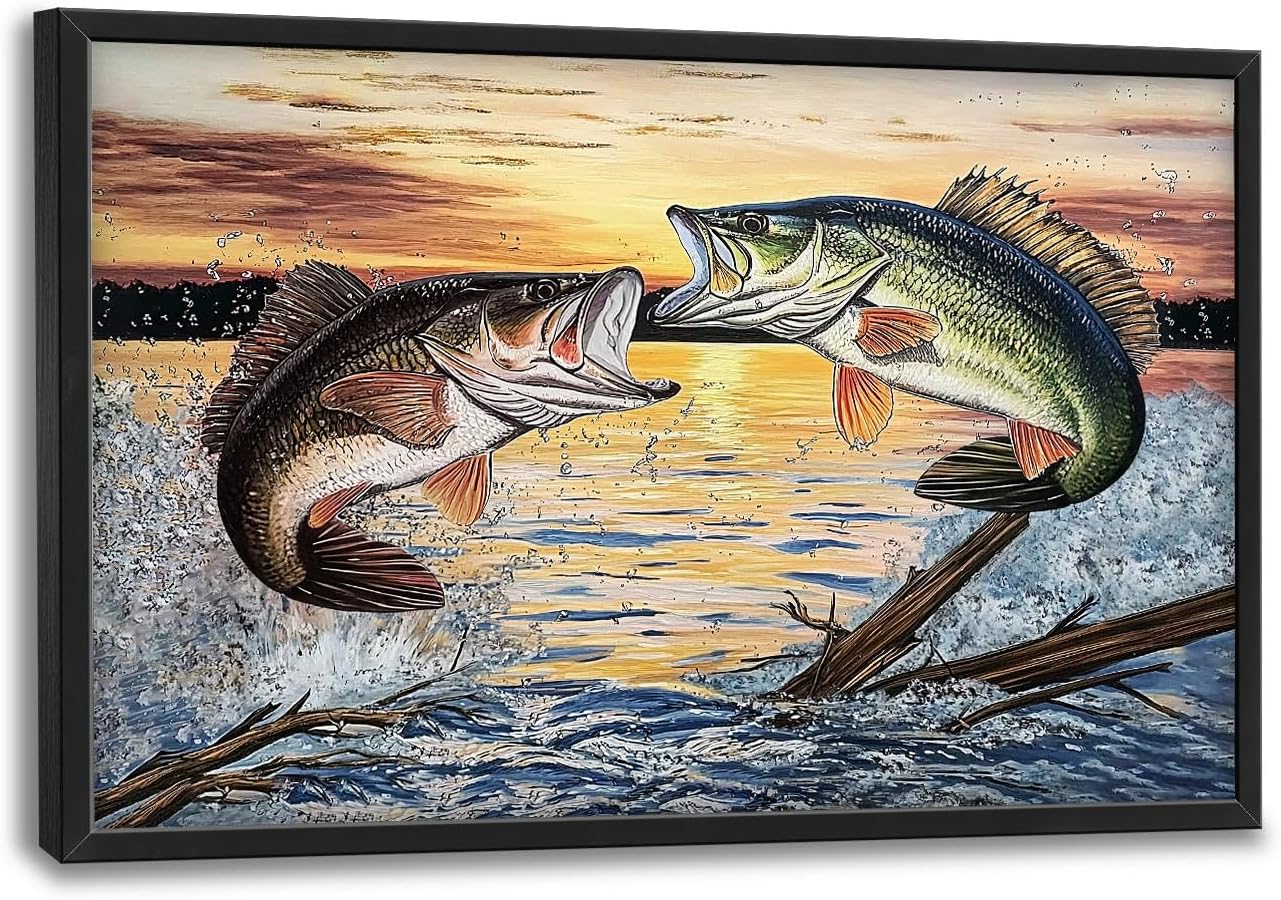 Large Fish Wall Art for Living Room, Framed Bass Fishing Wall Decor, Oversized Rustic Sunset Lake Canvas Painting Fish Pictures Modern Artwork Home Decoration for Living Room Bedroom Office 36"x24"