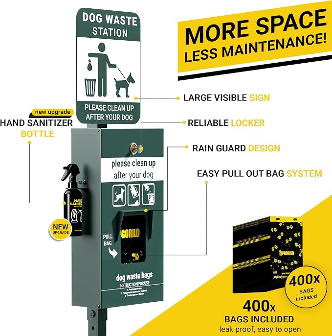 Dog Waste Station with Foot Pedal, 400 Bags, 50 Can Liners, Glow in the Dark Sign, Bag Dispenser, Hand Sanitizer, Outdoor Trash Can