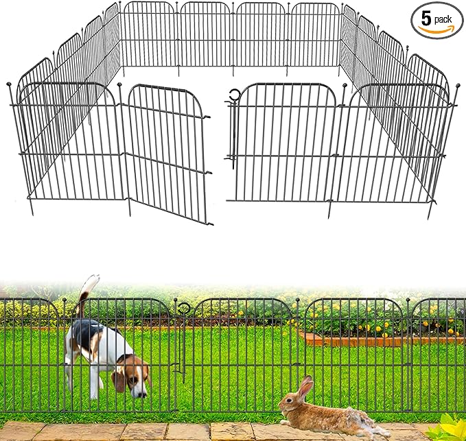 10 Panels No Dig Decorative Garden Fence with Gate, 24 in(H) x 20 ft(L) Rustproof Metal Wire Fencing Border for Yard Outdoor Decor, Temporary Animal Barrier with Stakes for Small Pets