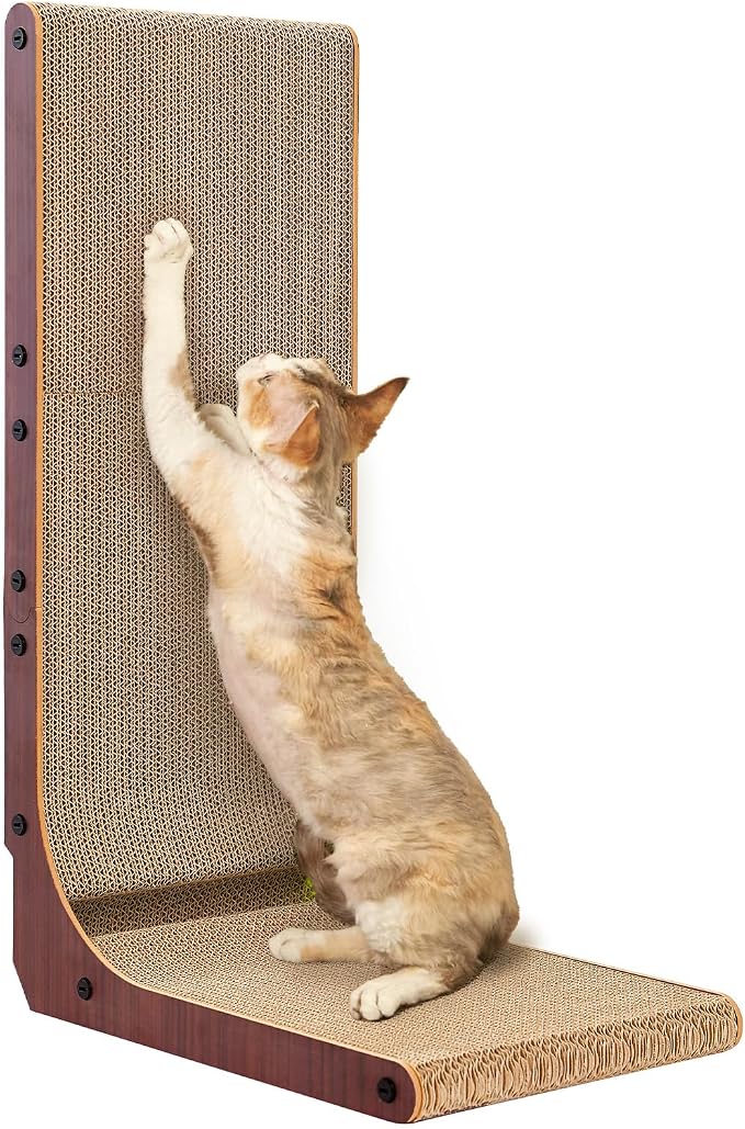 EHEYCIGA Cardboard Cat Scratcher for Indoor Cats, 26.8 Inch L Shaped Vertical Cat Scratching Board with Ball Cat Toy, Large Cat Scratcher Pad, Dark Brown