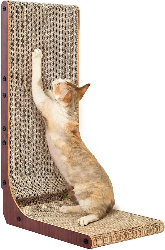EHEYCIGA Cardboard Cat Scratcher for Indoor Cats, 26.8 Inch L Shaped Vertical Cat Scratching Board with Ball Cat Toy, Large Cat Scratcher Pad, Dark Brown