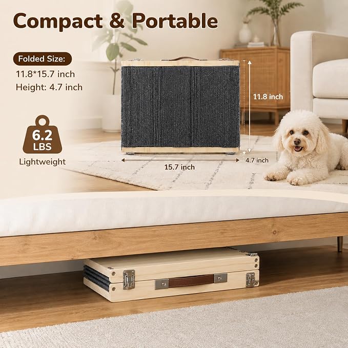 Dog Ramp for Small Dog/Bed/Couch, Foldable & Adjustable Dog Stairs | Wooden Pet Ramp, 4 Adjustable Heights from 9.25'' to 17.72", Portable Dog Step with Non-Slip Pads for Senior & Breed Dogs