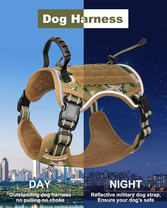 Tactical Dog Harness No Pull,Service Dog Vest with Handle,Army Camo, L | Adjustable Military,Reflective ＆ Molle Loop Panels, for Medium Large Size Dogs for Training Walking Running