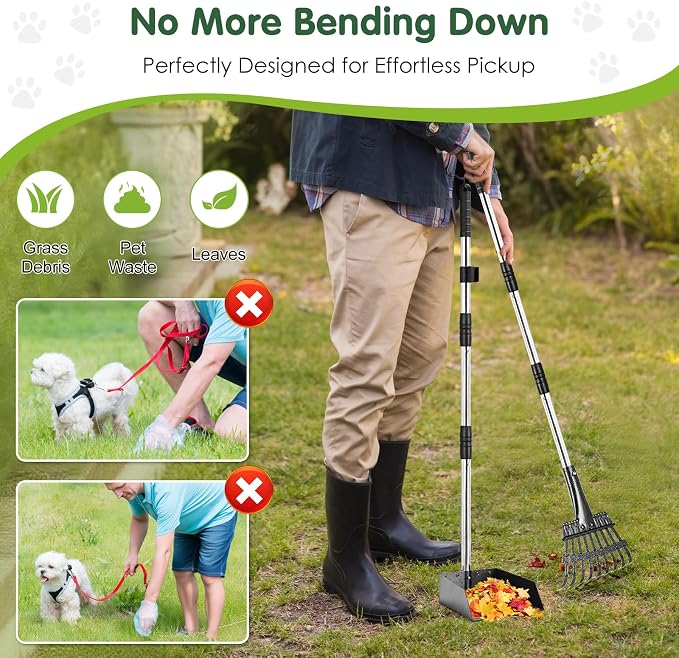 lychee Heavy Duty Stainless Metal Dog Pooper Scooper Tray and Rake Set for Yard- Portable Pooper Scooper for Small to Medium Dogs, Adjustable Long Handle,Rust-Proof, with Bag Attachment, Leash Clip