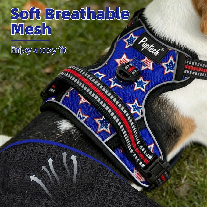 PUPTECK No Pull Tactical Dog Harness Medium Sized, Adjustable Reflective Dog Harness with Handle Easy Control, Comfortable Soft Padded Pet Vest Harness for Medium Dogs, Blue Stars M