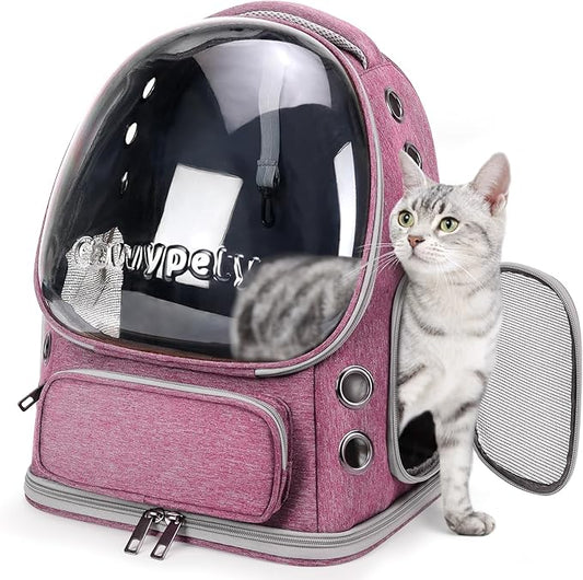 Cawypety Cat Backpack Carrier, Breathable Cat Carrier Large Space Bubble Pet Backpack for Kitty Small Dog up to 12lbs, Transparent & Foldable Pet Carrier for Travel Hiking（Pink）