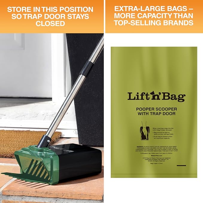 Neater Pet Brands Lift N’ Bag 2.0 Dog Pooper Scooper with Bag Attachment & 31" Pole for Small to Large Dogs, New Longer Pole, 60 Refill Bags, Heavy Duty Dog Poop Scooper for Yard, One-Hand Use