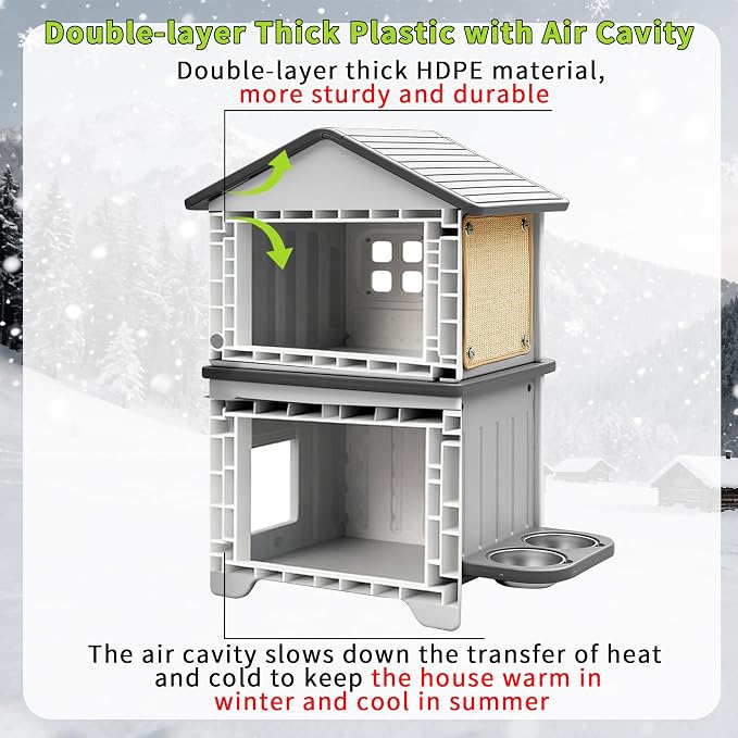 Cat House Outdoor Weatherpoof Plastic Cats Houses 2-Story | with Elevated Cat Bowls, Cat Scratch Pads and Escape Door, Indoor Waterproof Feral/Pet Cat Shelter Outside for Multiple Cats