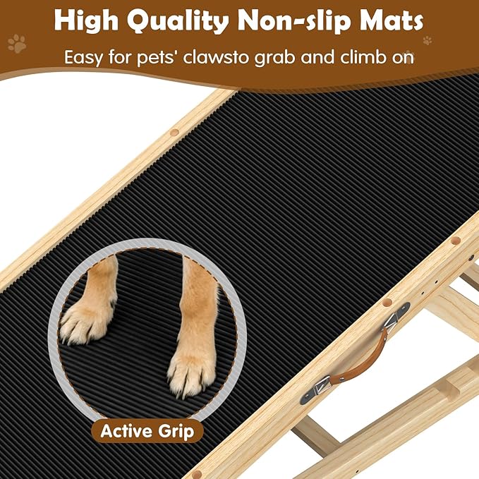 55" Adjustable Dog Ramp for Bed, Upgraded Wooden Pet Ramp with Non-Slip Silicone Surface and Side Rails, Height Settings (19.68-27.55"), Holds Up to 250lb, Portable Pet Stairs for Senior & Large Dogs