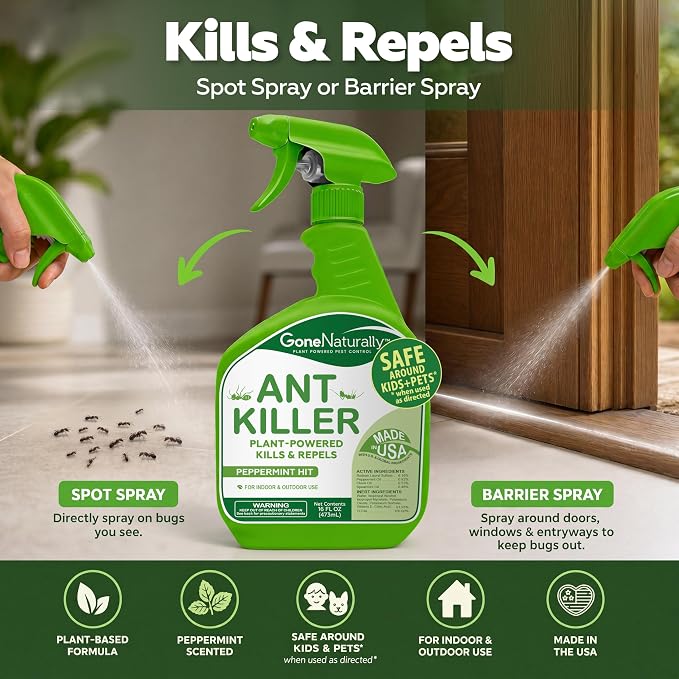 Ant Killer– Peppermint Oil Ant Spray for Indoor & Outdoor Use– Natural Ant Repellent & Ant Killer for Home– Safe Around Kids & Pets Pest Control Solution (16oz)