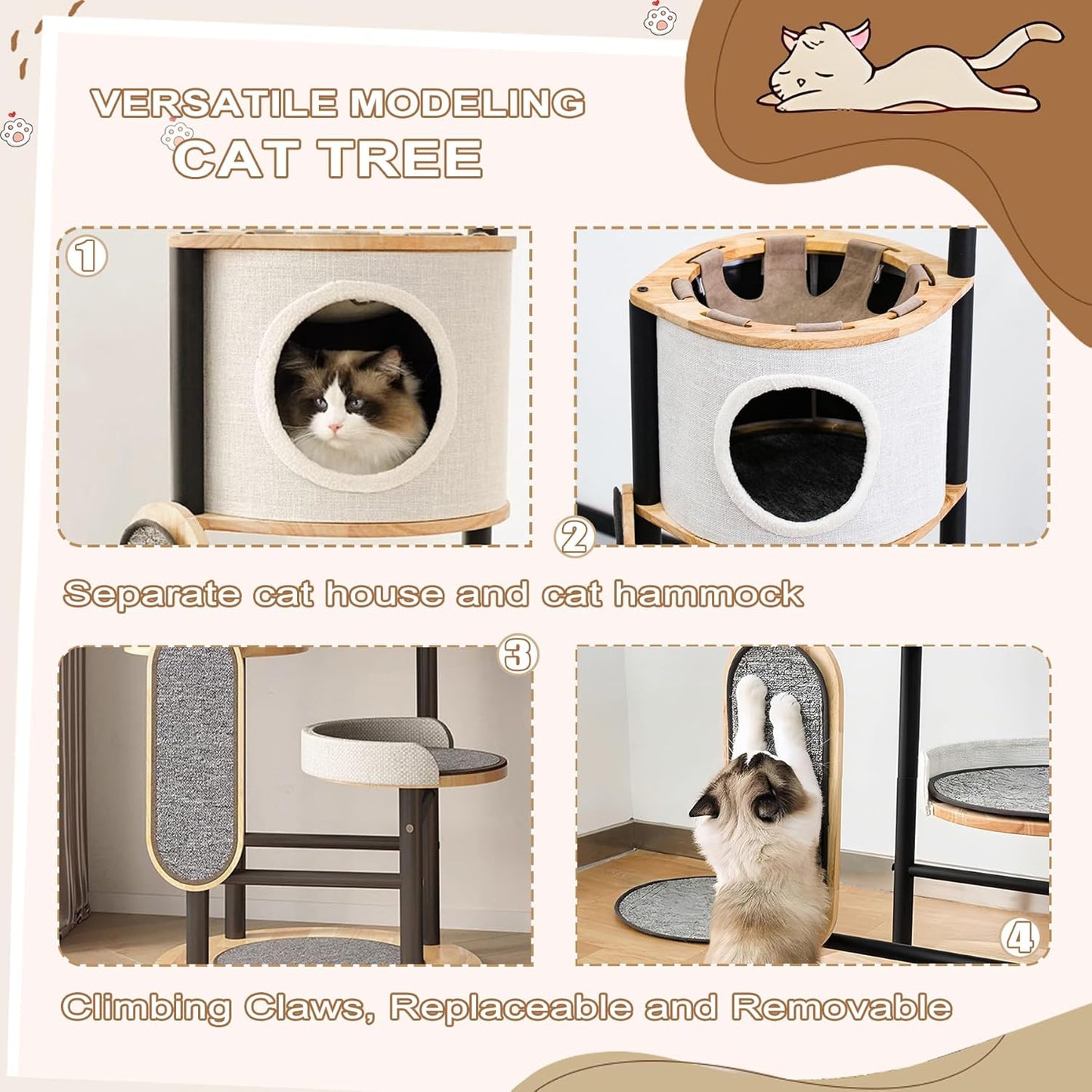 Cat Tree, 66In Cat Tower with Scratching Post, Tall Multi-Level Cat Houses for Indoor Cats Large Adult, Cute Cat Post Cat Condos with Dangling Ball,Plush Platform, Hammock, Big Cats Climbing Tower