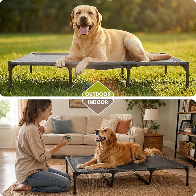 Elevated Dog Bed for Large Dogs 120lb, Breathable Cooling Raised Dog Cot with Dual Support Bars & Metal Frame, No-Slip Feet, Waterproof Pet Bed for Indoor/Outdoor, X-Large, 48 * 36 * 9in, Grey
