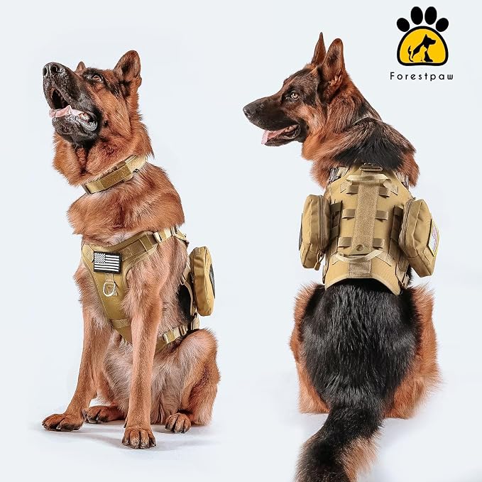 Forestpaw Tactical Dog Harness Collar Bungee Leash Set,S,Coyote Brown | Adjustable Fits 17-25" Chest,20-35 lbs,No Pull Control Military Style,Quick Release Buckle,Walking for Medium Dogs