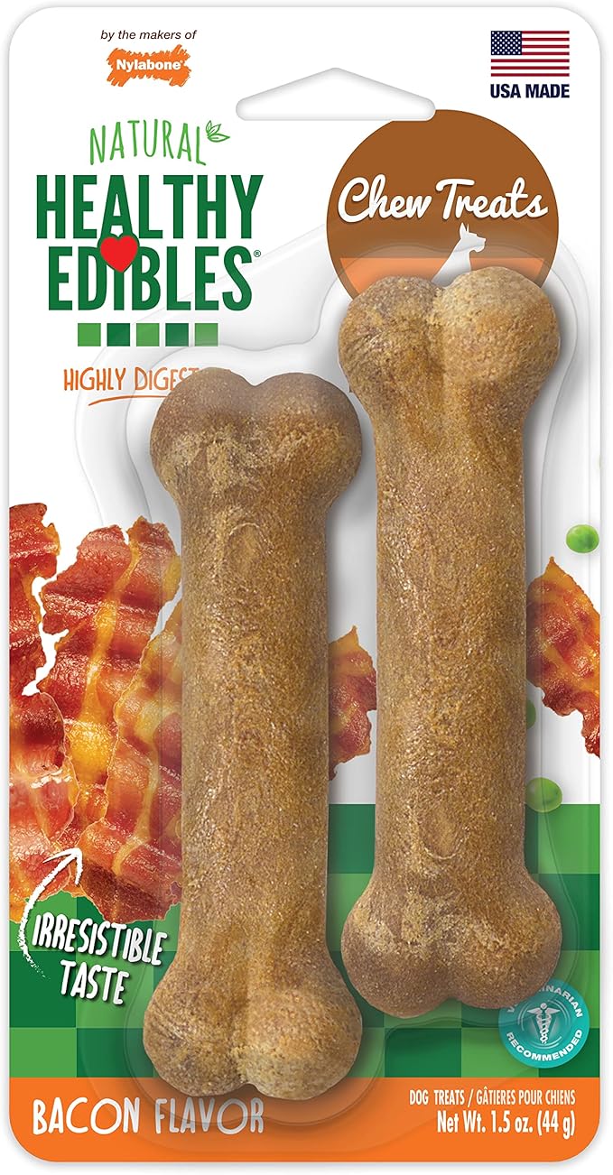 Nylabone Healthy Edibles Natural Dog Chews, Long Lasting Bones for Dogs, Bacon Flavor Dog Treats, X-Small (2 Count)