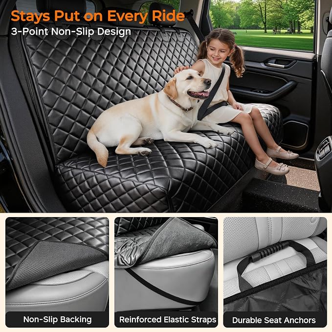 URPOWER PU Leather Dog Car Seat Cover for Back Seat, Waterproof Non-Slip Bench Seat Protector for Dogs, Easy-Clean Scratch-Resistant Pet Seat Cover for Full-Size SUVs & Pickup Trucks