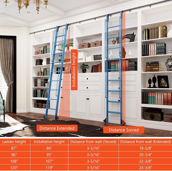 DIYHD 120" Rolling Library Ladder with Handrail, 4FT Sliding Rail, Blue | 10-Step lightweight ladder with space-saving upright storage, Telescopic top hooks, Locking bottom rollers, 300lbs capacity