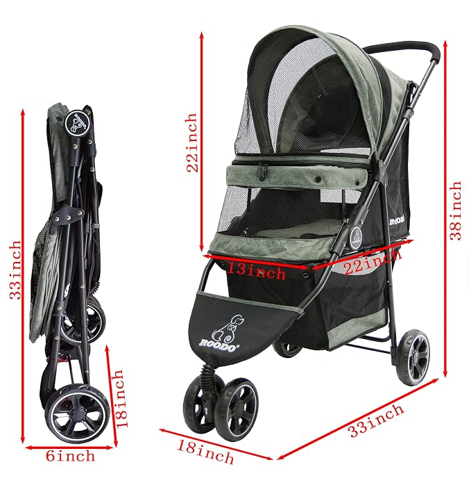 ROODO 3 Wheel Dog Pet Cat Stroller Best Lightweight Foldable Compact Portable Jogger All Terrain Travel Pet Gear Puppy Kitty Stroller for up to 30lbs Medium Small Dogs and Cats(Cationic ash)