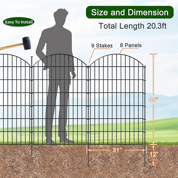 FOREHOGAR Metal Garden Fence 48in (H) x 20.3ft (L), 8 Panels + 9 Stakes Dog Fence Border Fence Animal Barrier, No Dig Garden Fencing for Yard Flower Bed Lawn Patio Outdoor, CTW4808 Black
