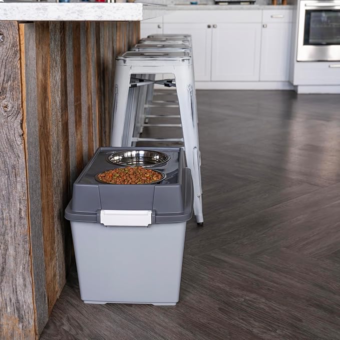 IRIS USA Elevated Dog Bowls 15" H, up to 47 lb Storage, Gray/Dark Gray | Made in the USA, Comes with 2 Stainless Steel Bowls (64 oz), Elevated Feeder, Reduce Strain, Perfect for Camping & Outdoors