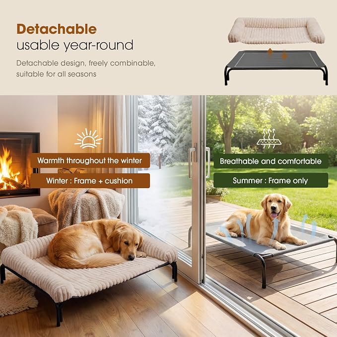 Czpalo Elevated Dog Bed with Removable Bolster Cushion Mat, Raised Pet Cot for Extra Large Sized Dogs with Breathable & Washable Mesh, Indoor & Outdoor Pet Hammock with Skid-Resistant Feet.
