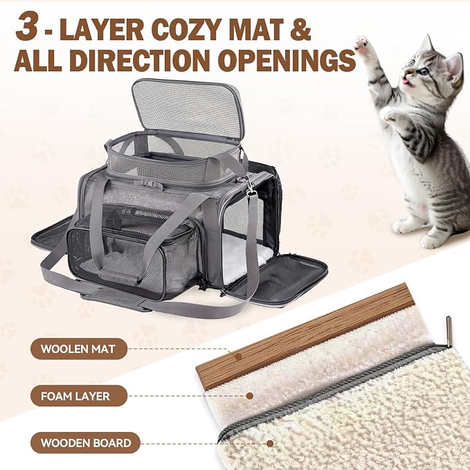 Cat Carrier Soft Sided, Expandable Pet Carrier for Medium Small Pets, Collapsible Travel Carrier with Hard Shell, 360° Panoramic Mesh
