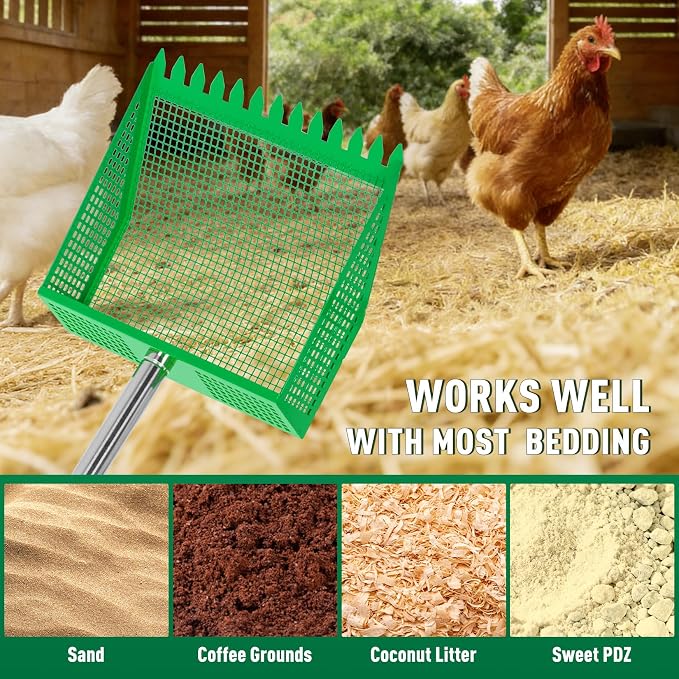 Large Chicken Poop Scooper: 2-in-1 Metal Pooper Scooper & Rake Adjustable 62" Long Handle Stainless Steel Sand Sifting Litter Shovel Chicken Coop Scoop Cleaning Tool for Goat Yard Bright Green